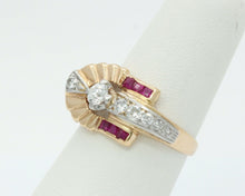 Load image into Gallery viewer, Vintage Indian Headdress Diamonds Rubies 14K Yellow Gold Platinum Ring
