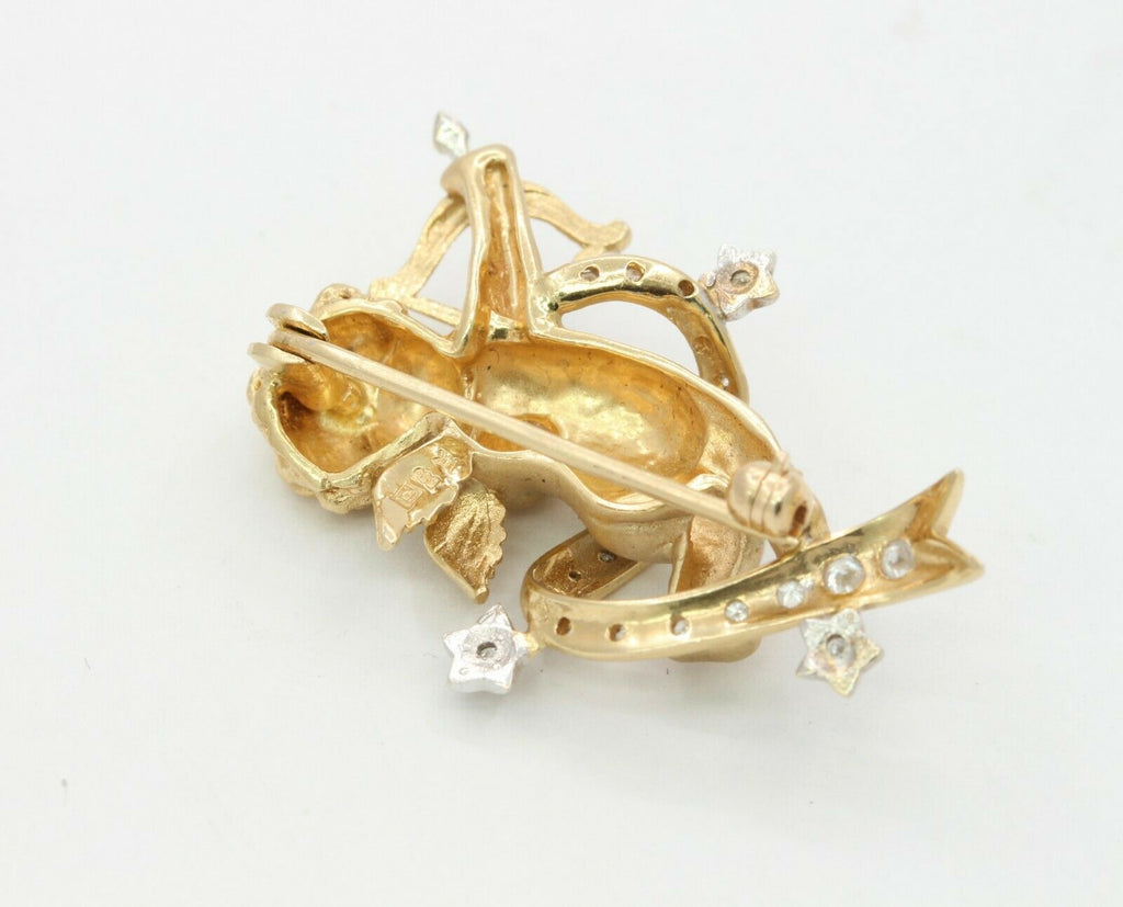 Vintage 14K Yellow Gold Diamond Cupid Brooch