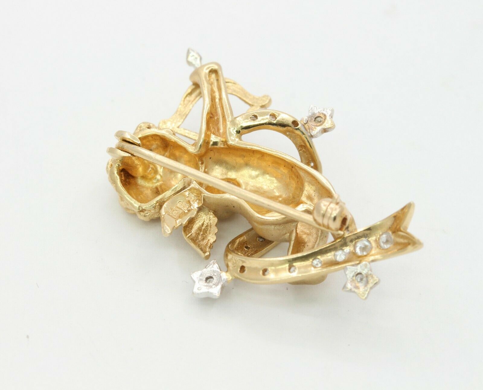 Vintage 14K Yellow Gold Diamond Cupid Brooch