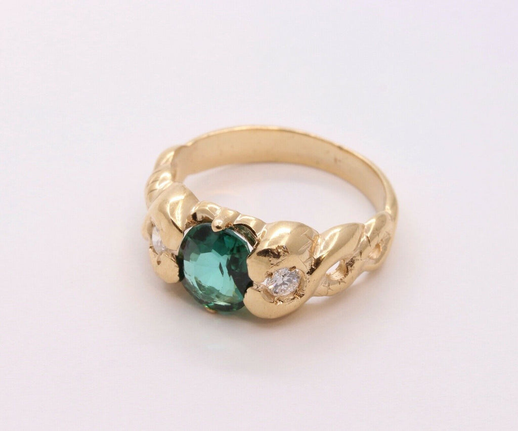Pretty Vintage Green Tourmaline Diamonds 14K Yellow Gold Ring