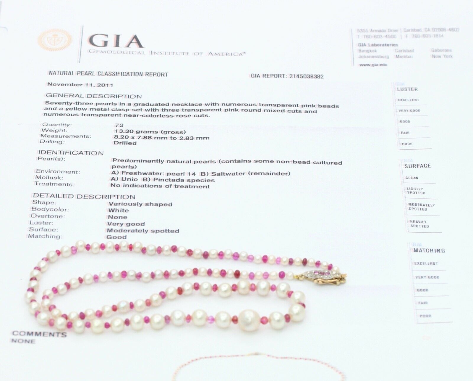GIA Natural Pearls Rubies 18K White Yellow Gold Necklace
