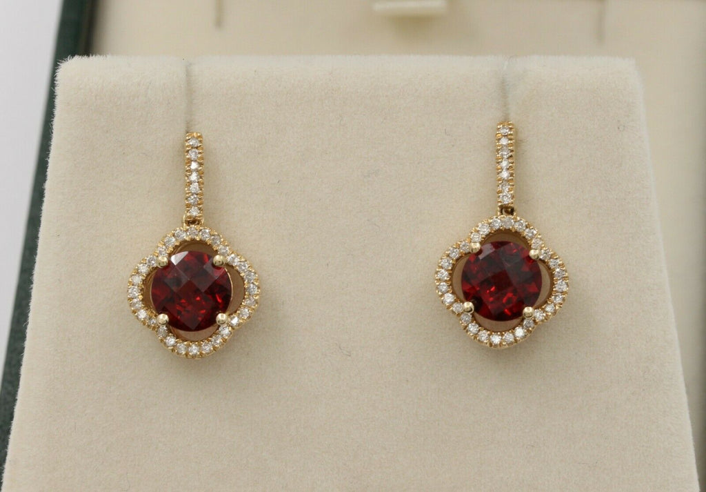 Vintage 14K Yellow Gold Alhambra Style Diamond Garnet Drop Earrings