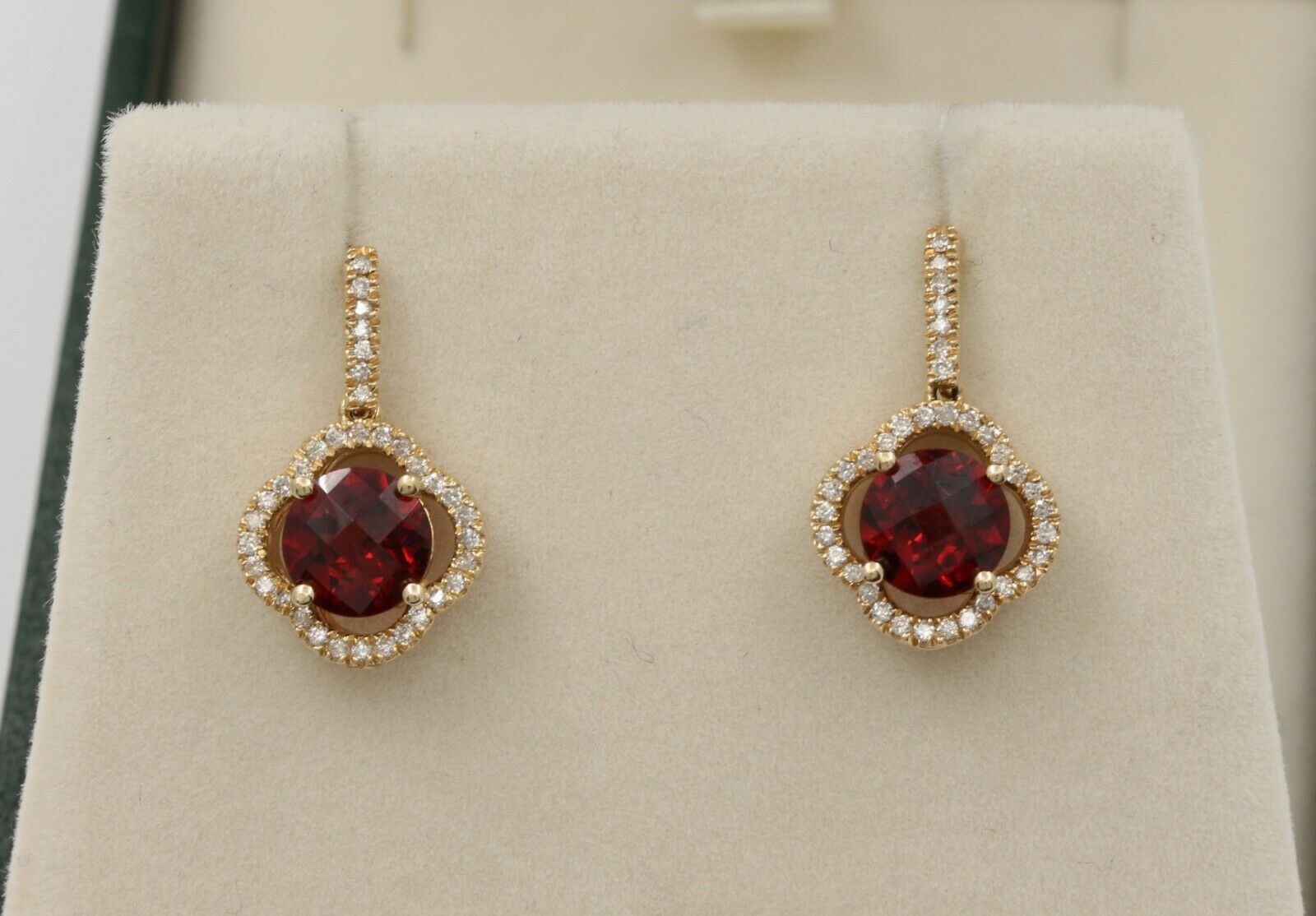 Vintage 14K Yellow Gold Alhambra Style Diamond Garnet Drop Earrings