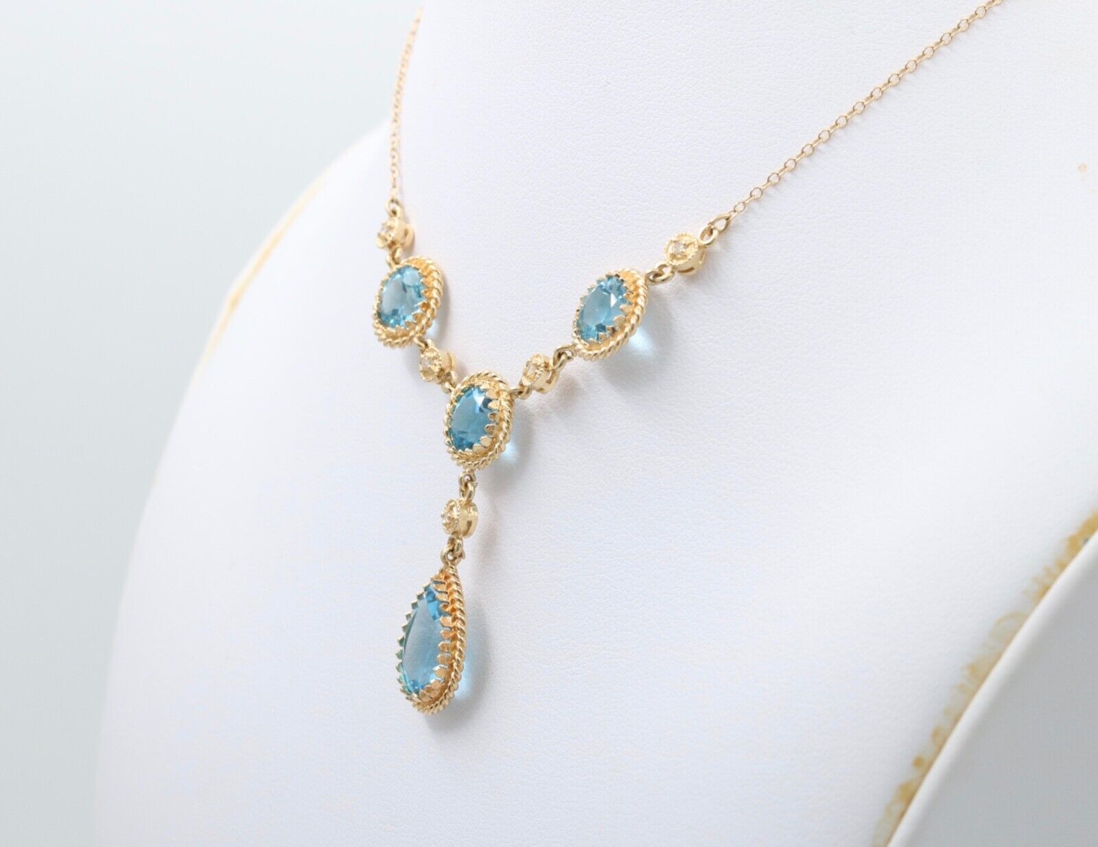 Vintage 14K Yellow Gold Teardrop Blue Zircon Festoon Necklace. Negligee Necklace
