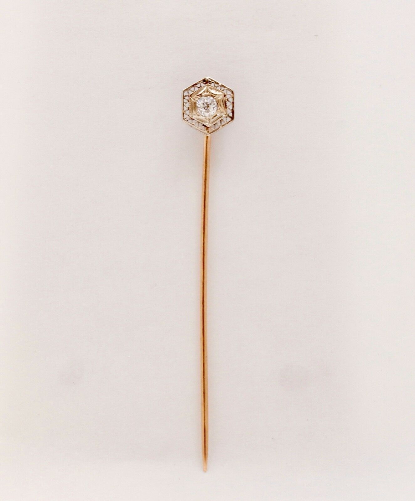 Art Deco Diamond 14K White and Yellow Gold Filagree Stick Pin
