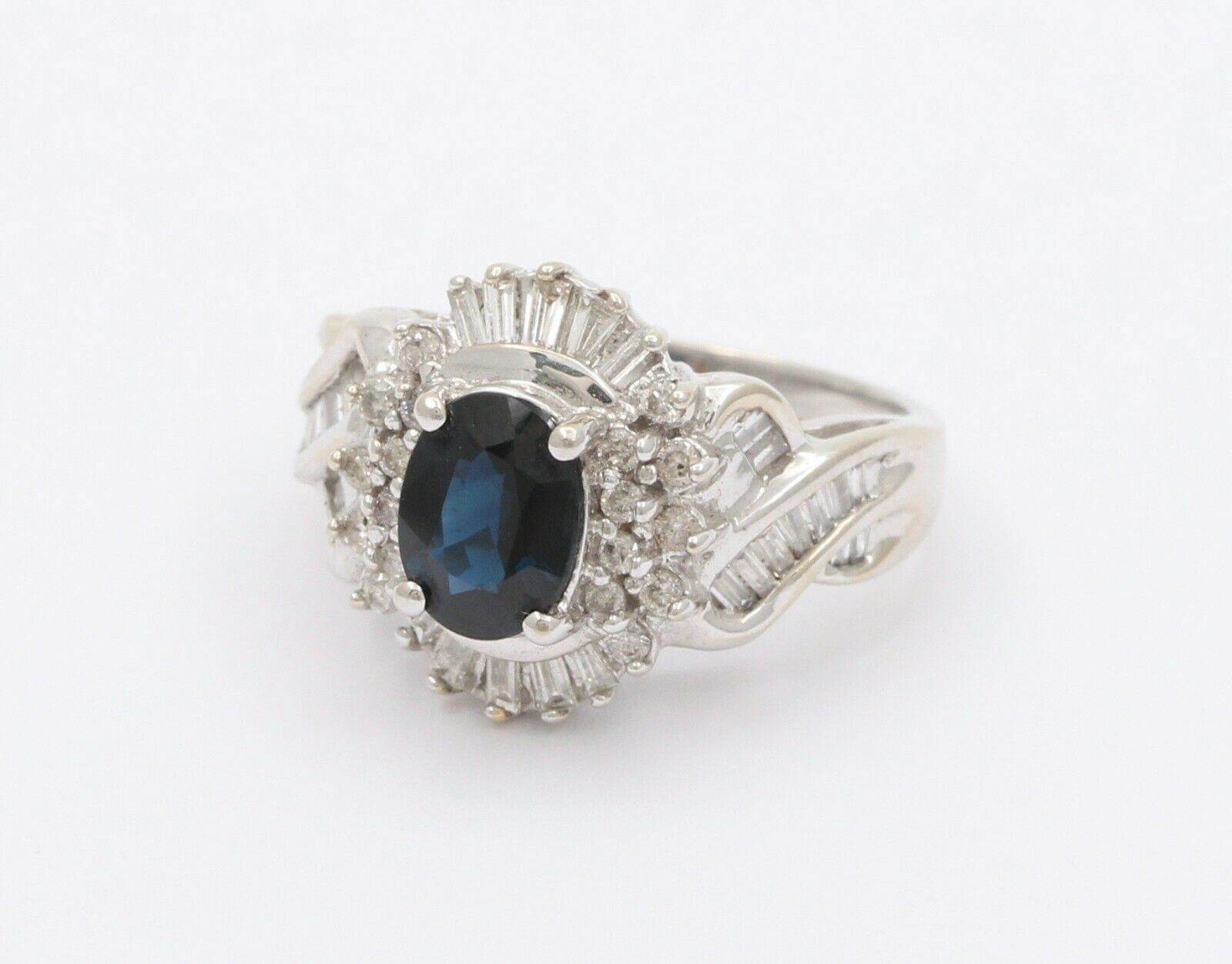 Vintage 14K White Gold Sapphire Diamond Alternative Engagement Ring