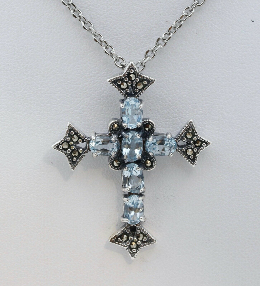 Navajo Synthetic Aquamarine Marcasite Sterling Silver Cross Pendant