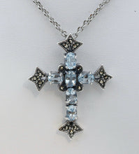 Load image into Gallery viewer, Navajo Synthetic Aquamarine Marcasite Sterling Silver Cross Pendant
