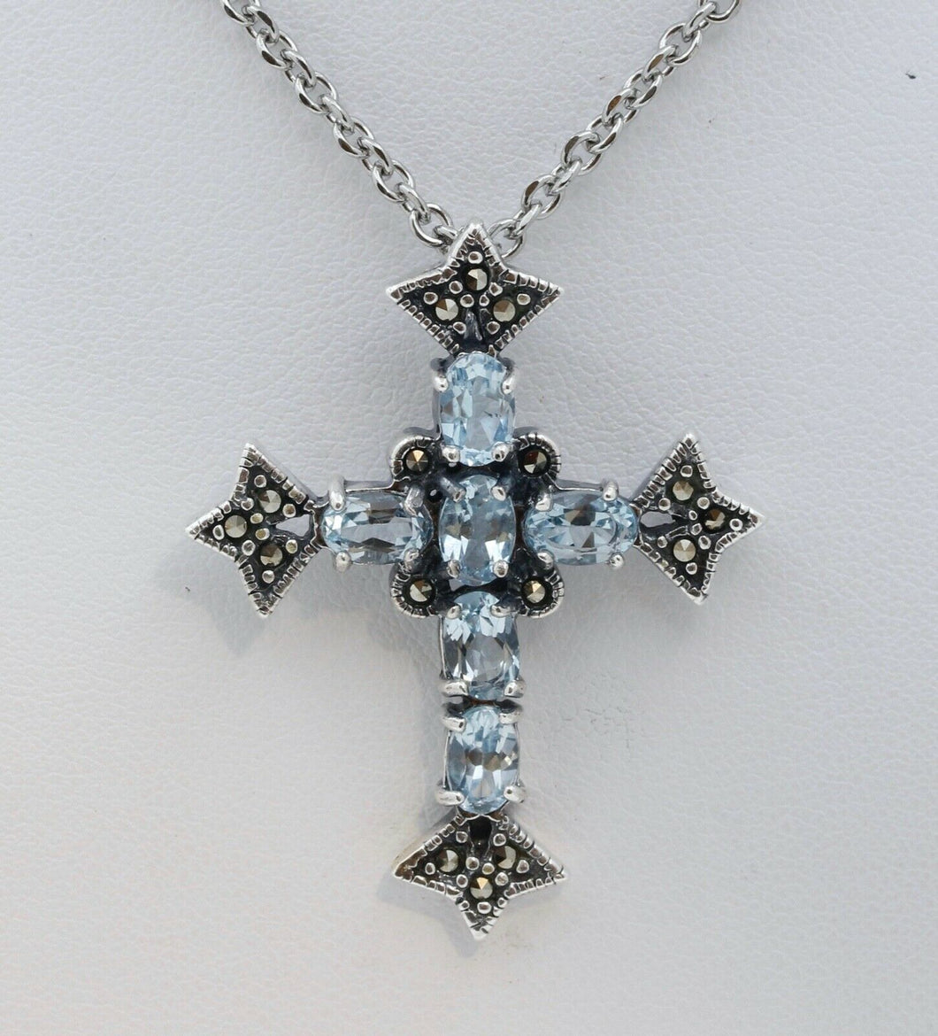 Navajo Synthetic Aquamarine Marcasite Sterling Silver Cross Pendant