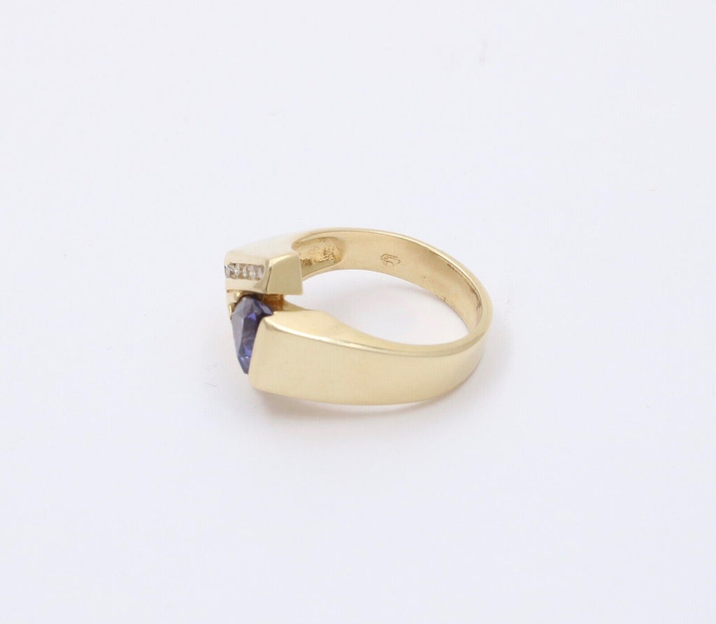Vintage 14K Gold Geometric Tanzanite And Diamond Ring Band
