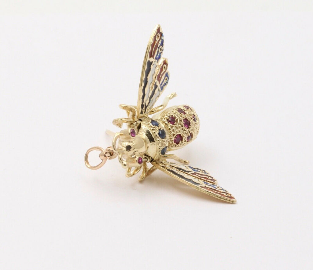 Vintage Movable Honey Bee Sapphires Rubies Enamel 14K Yellow Gold Brooch Pendant