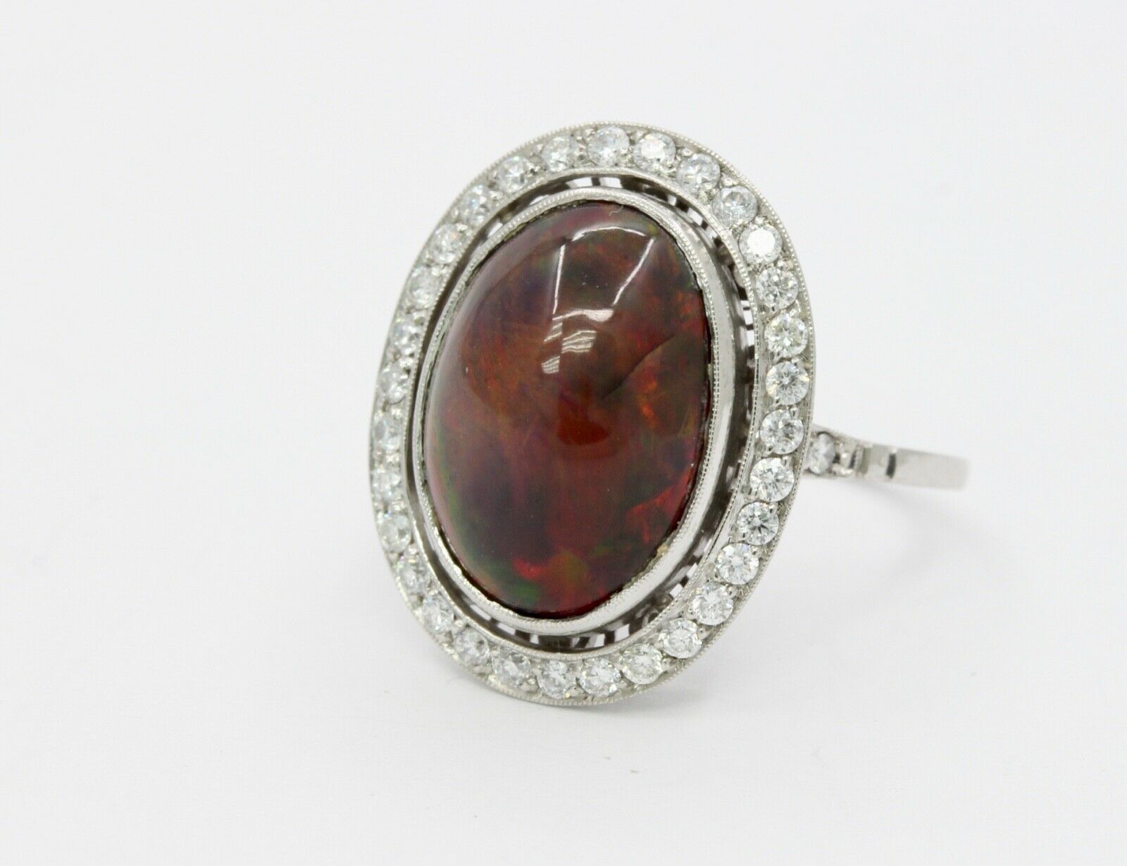 Vintage Ladies Cabochon Opal Diamonds Platinum Ring