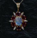 Vintage Man on the Moon Moonstone Rubies Diamonds Gold Over Silver Pendant