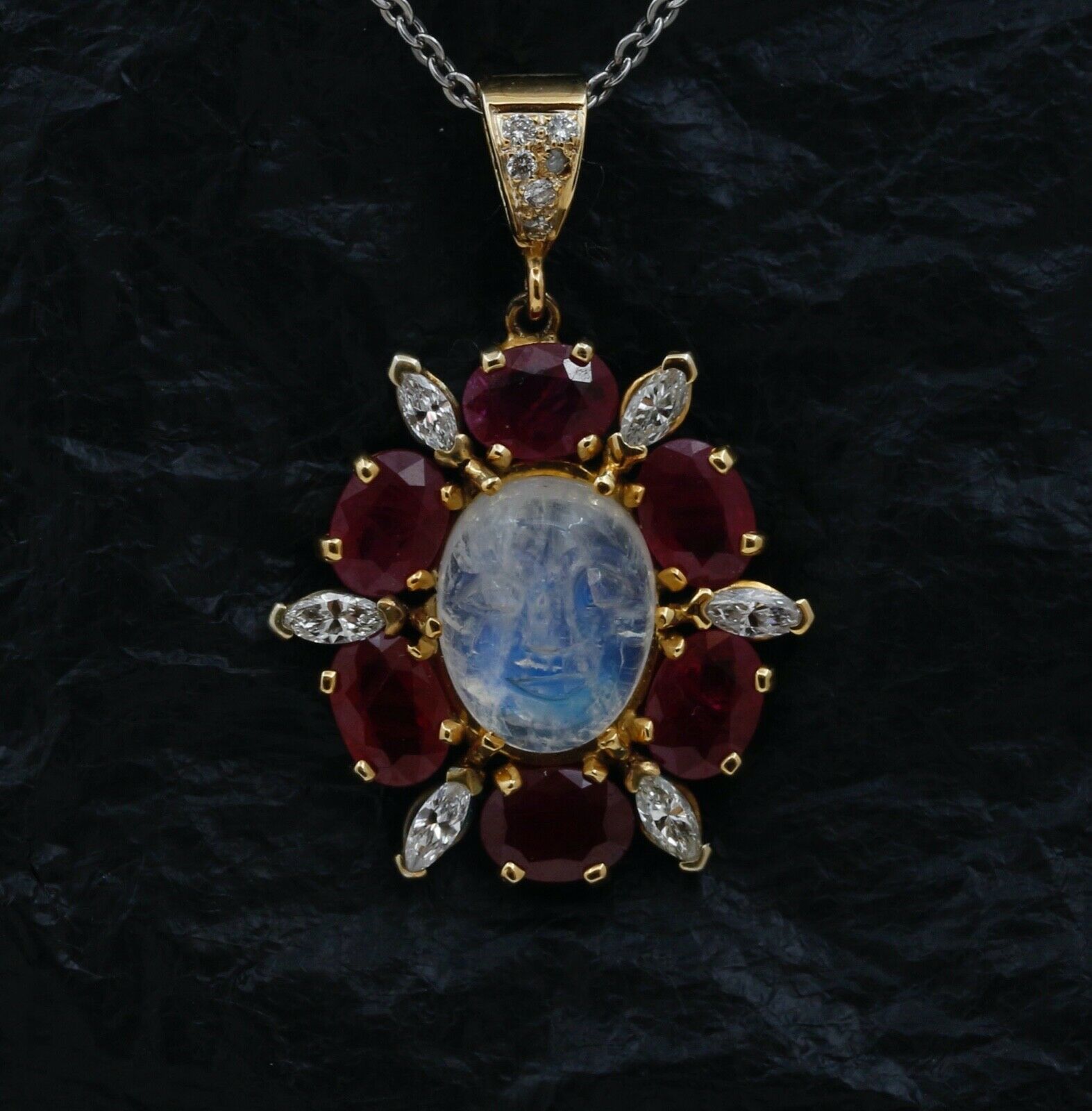 Vintage Man on the Moon Moonstone Rubies Diamonds Gold Over Silver Pendant