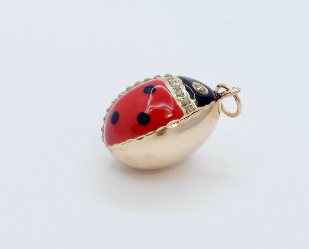 Cute Ladybug 14K Yellow Gold Diamonds Enameled Pendant Charm