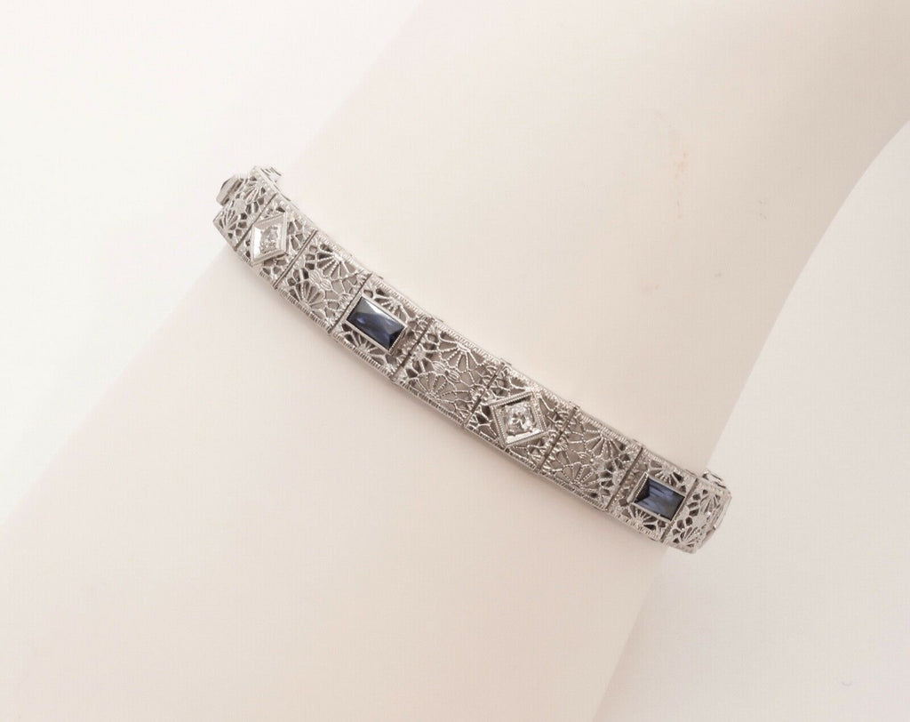 Art Deco Ladies Bracelet Diamonds Blue Sapphires 14K White Gold