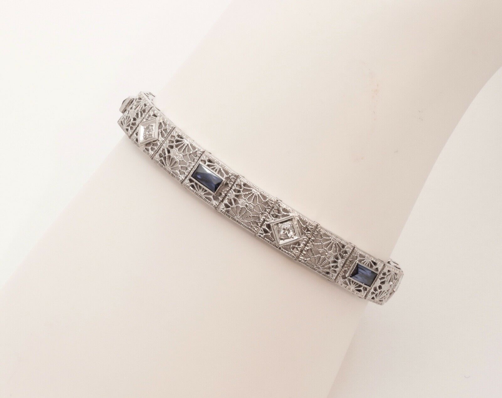Art Deco Ladies Bracelet Diamonds Blue Sapphires 14K White Gold