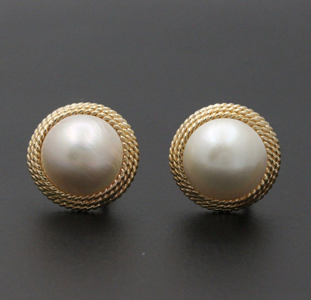 Vintage 14K Yellow Gold Large 16 mm Mabe Pearl Earrings.