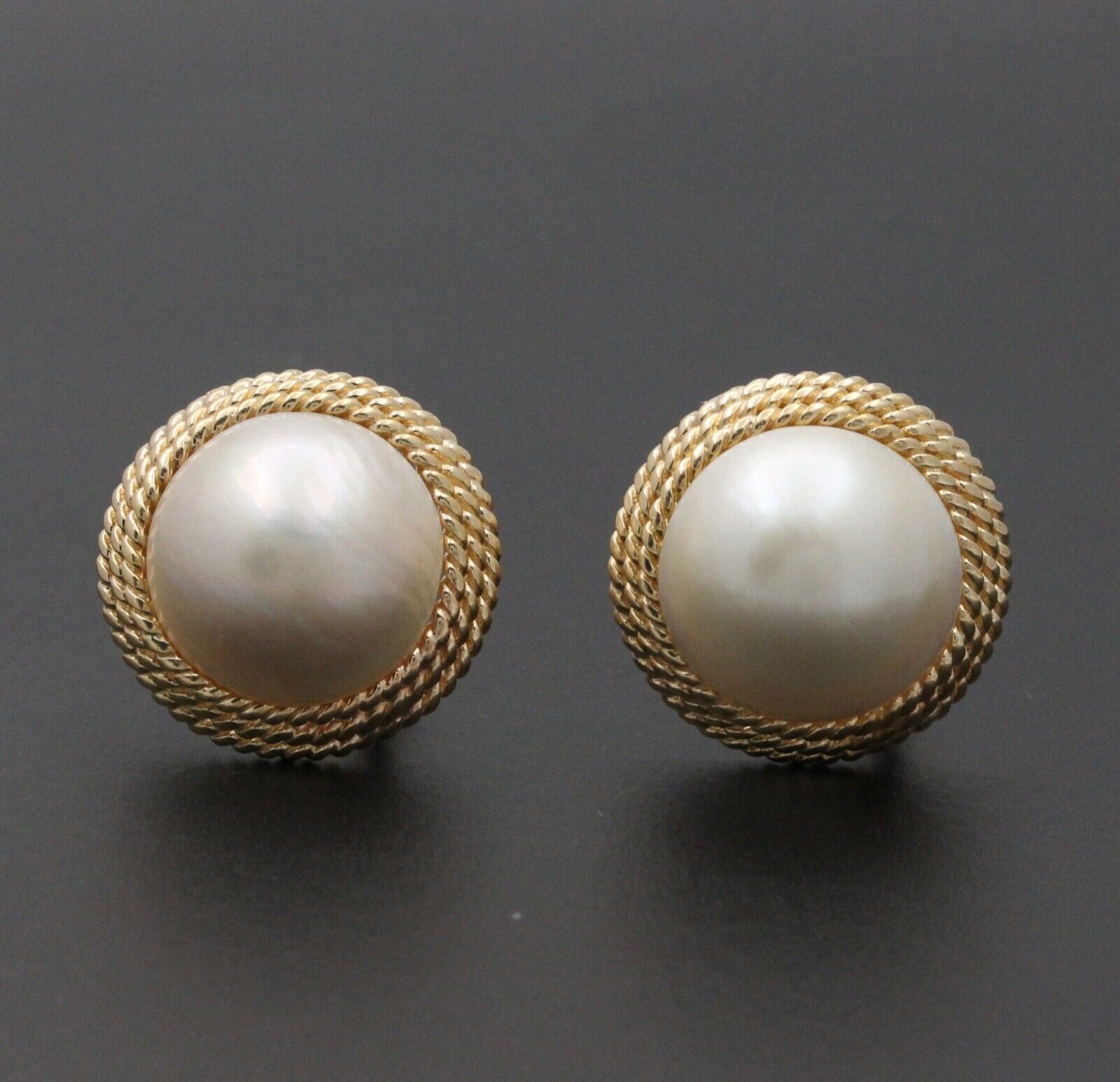 Vintage 14K Yellow Gold Large 16 mm Mabe Pearl Earrings.