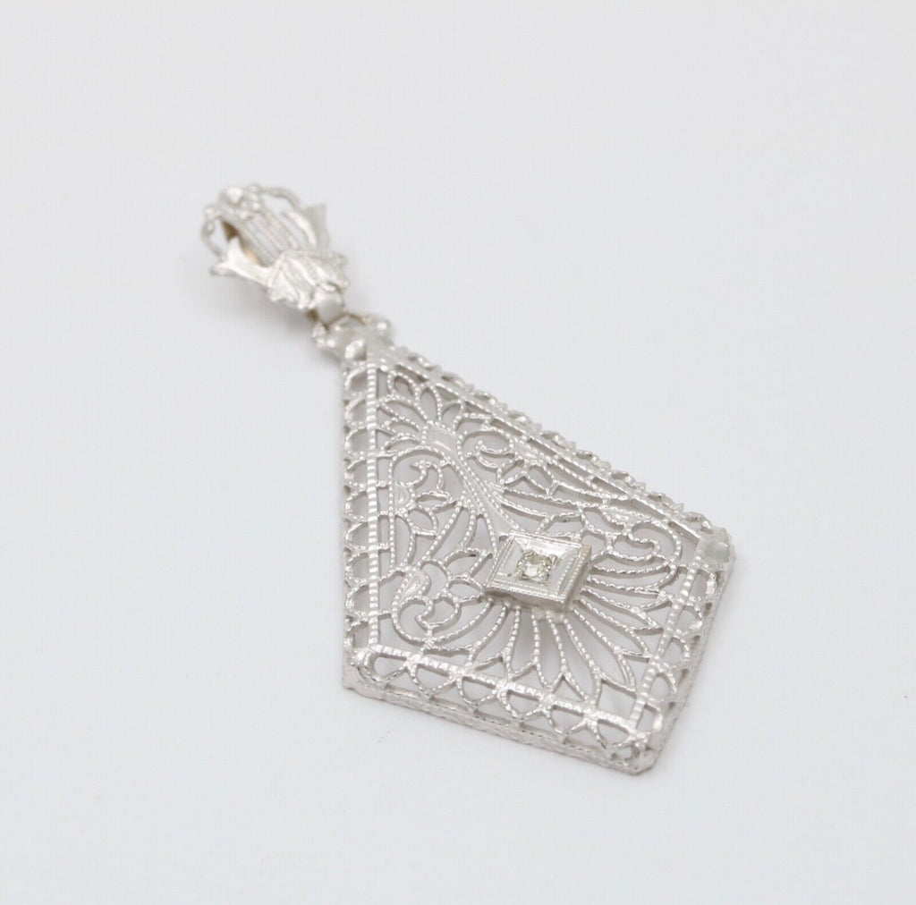 Art Deco 14K White Gold Filigree Diamond Pendant Necklace