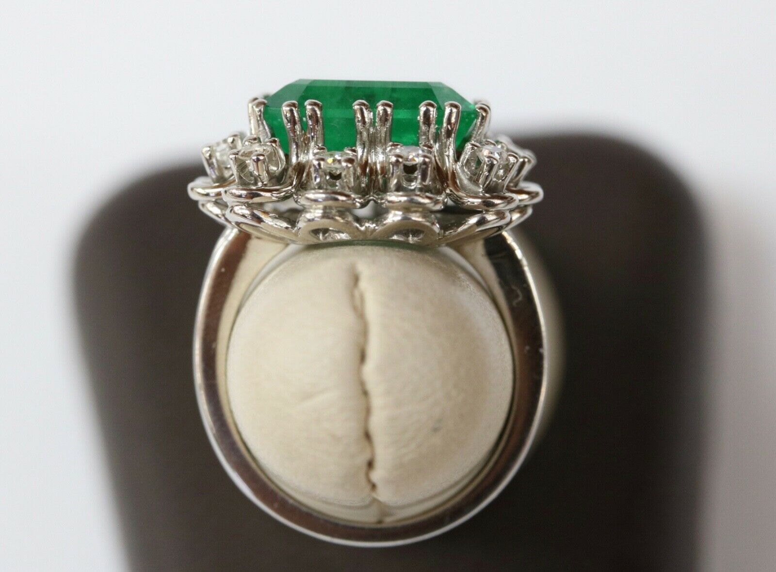 Vintage Emerald Cut Columbian Emerald Diamonds Platinum Ring