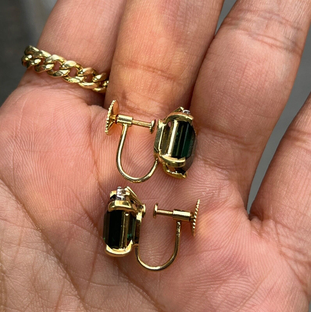 Vintage 18K Gold Green Tourmaline and Diamond Earrings.