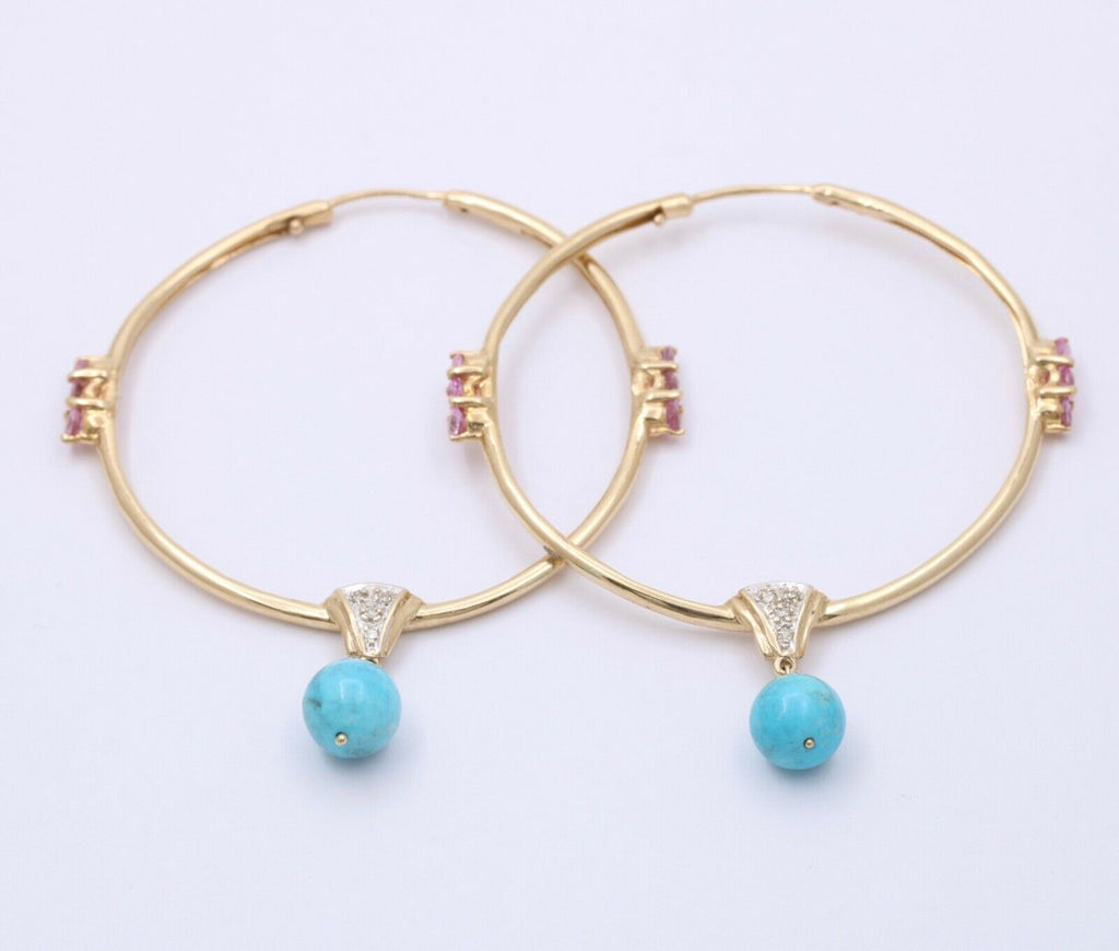 Light Weight 10K Gold Turquoise & pink Topaz , Diamond Large Hoop Earrings