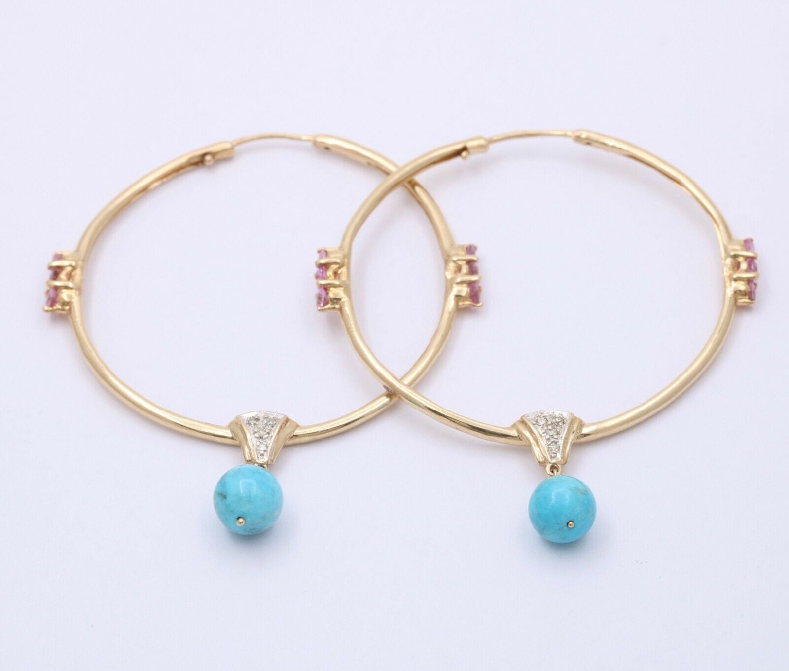Light Weight 10K Gold Turquoise & pink Topaz , Diamond Large Hoop Earrings