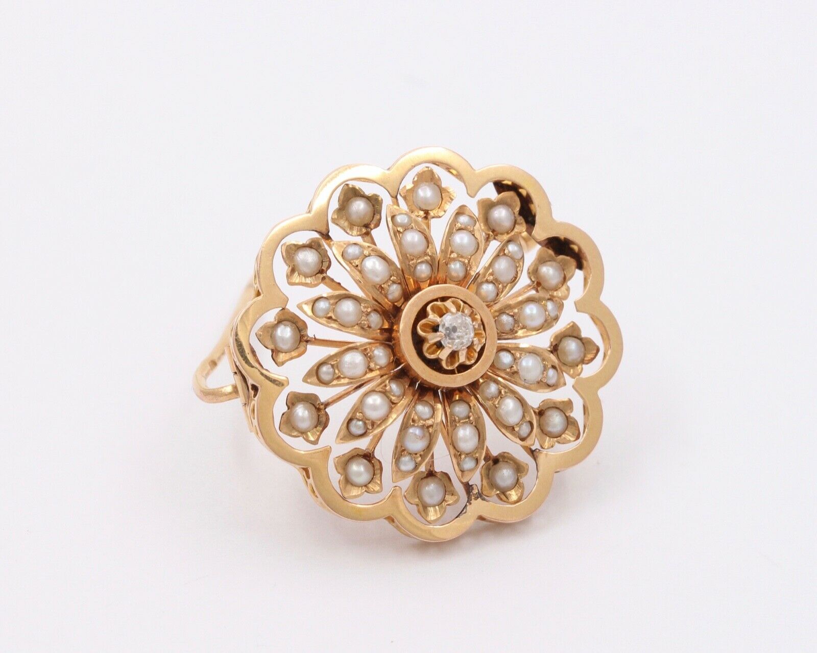 Victorian Starburst Diamond Seed Pearls 14K Yellow Gold Brooch Pin