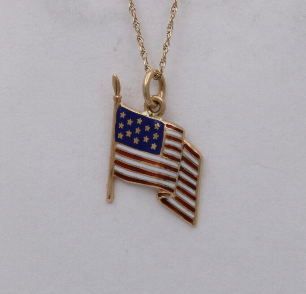 Vintage American Flag 14K Yellow Gold Enamel Pendant Charm