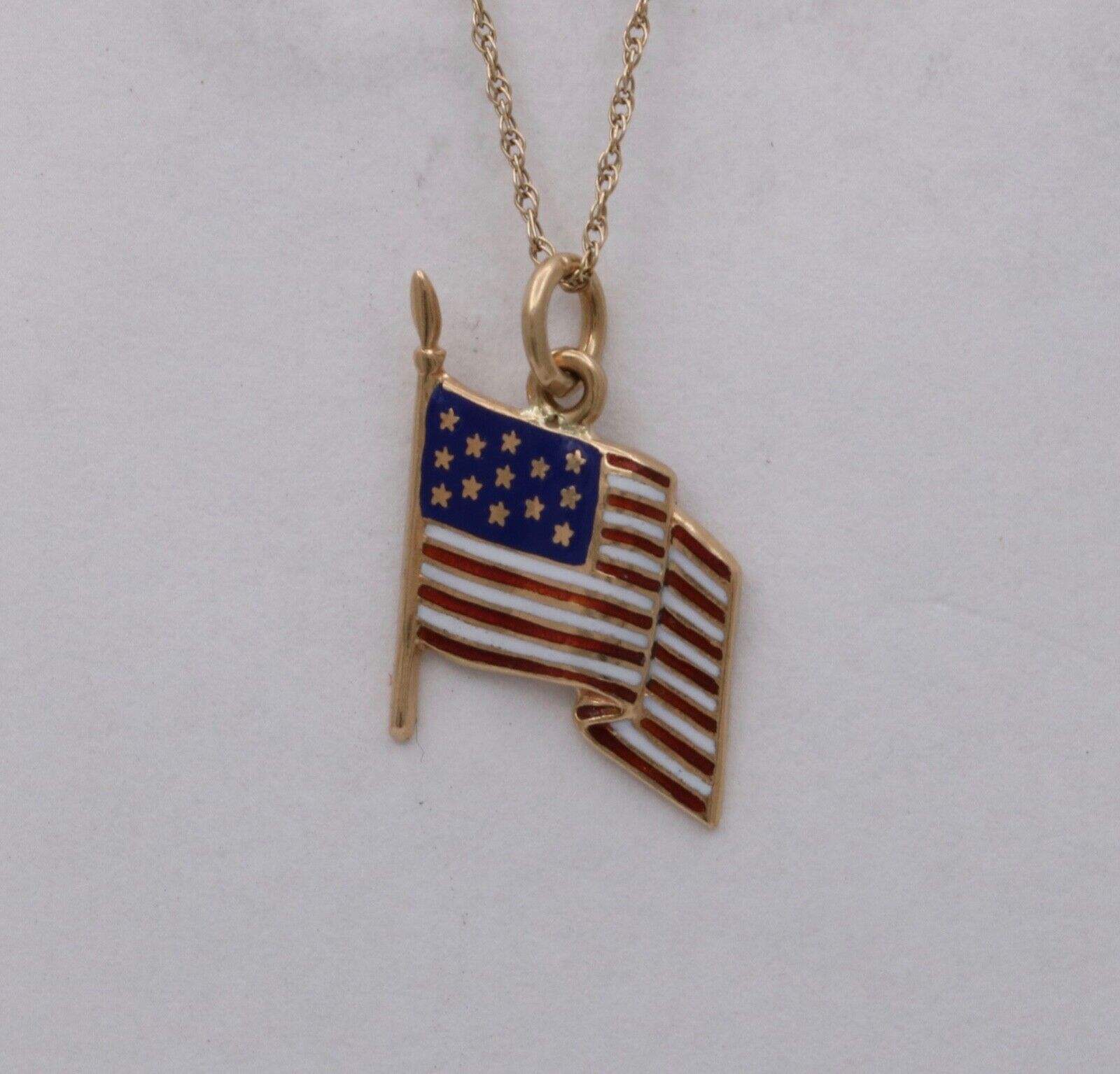 Vintage American Flag 14K Yellow Gold Enamel Pendant Charm