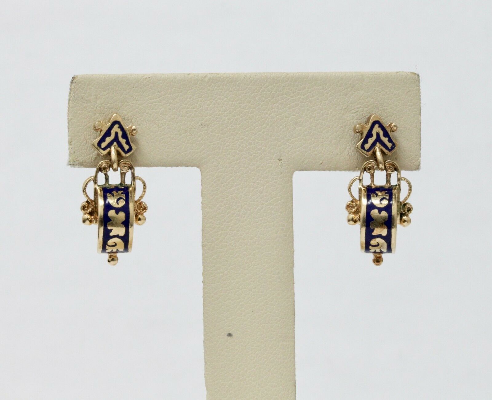 Vintage 14K Yellow Gold Blue Enamel Hanging Earrings