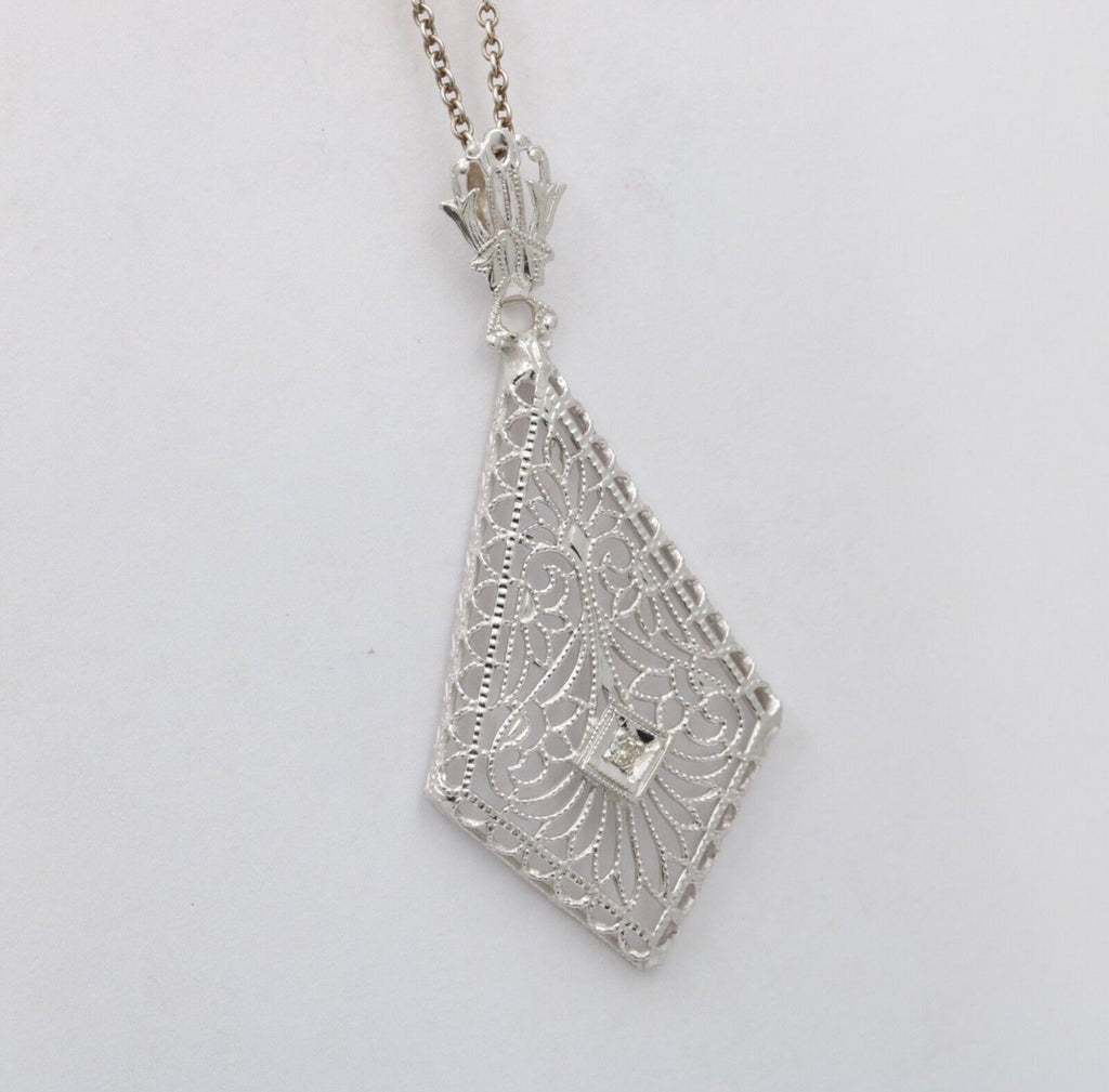 Art Deco 14K White Gold Filigree Diamond Pendant Necklace