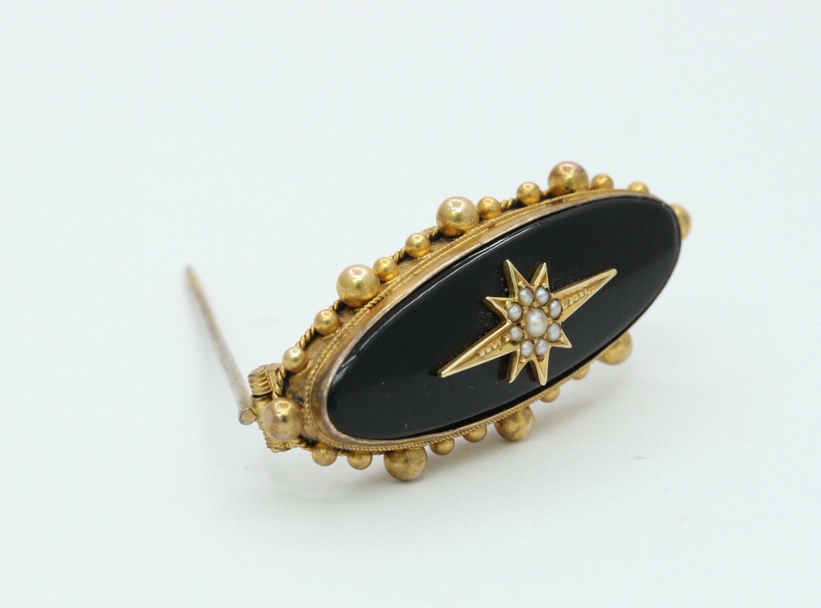 Victorian 15K Yellow Gold Black Onyx Seed Pearls Memorial Brooch
