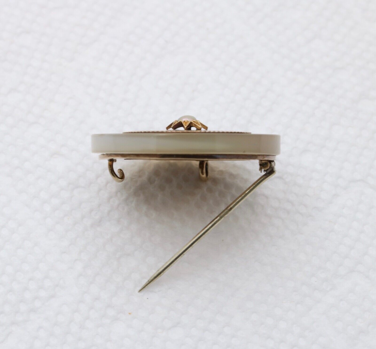 Antique 14K Yellow Gold White Agate Desic Black Enamel Brooch, Pendant