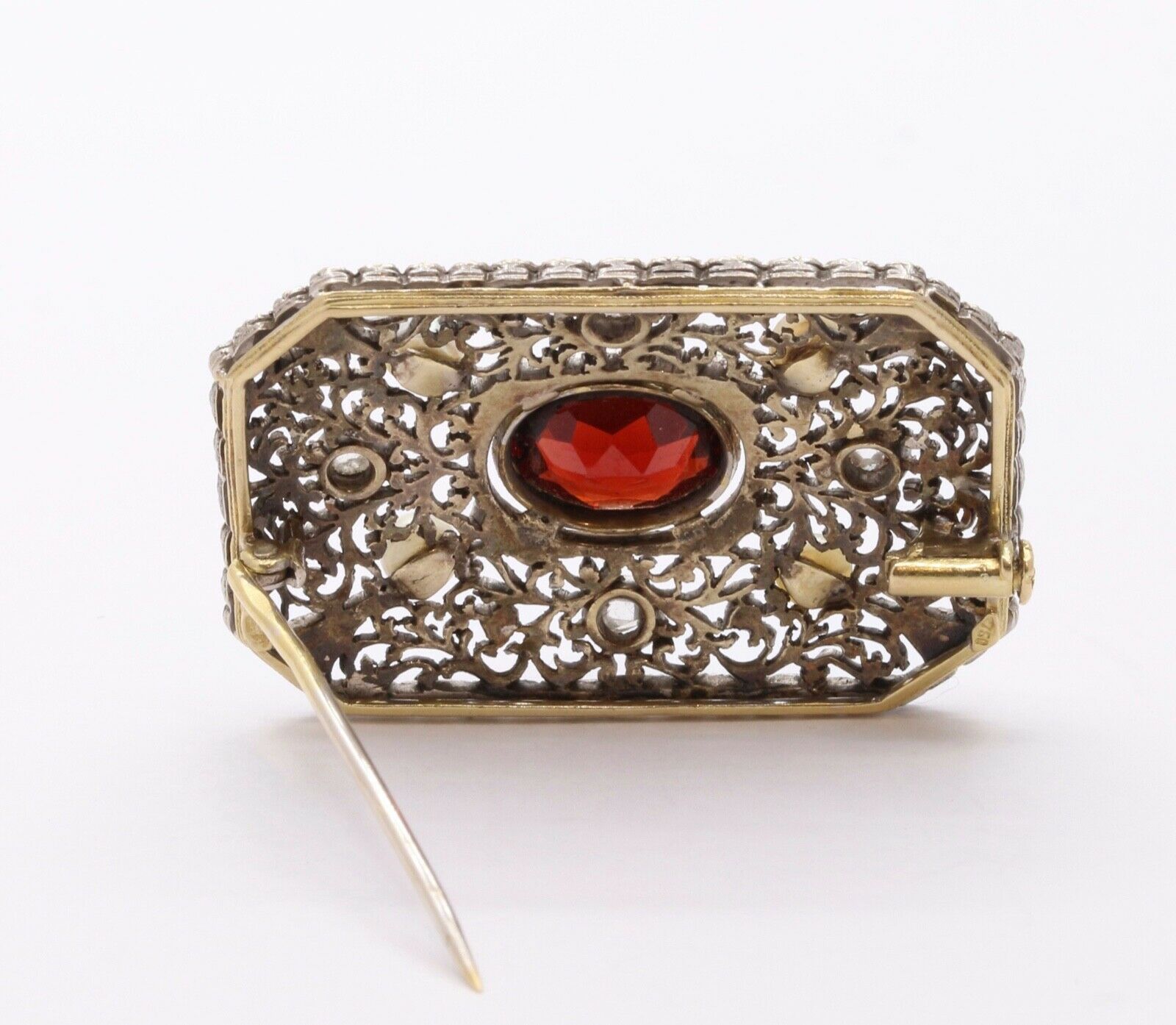 Victorian Garnet Old Mine Diamonds 18K White Yellow Gold Pearls Brooch Pin