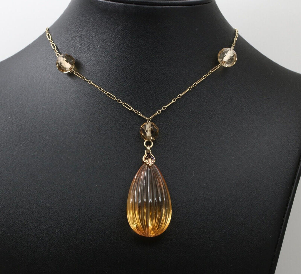 Vintage 14K Yellow Gold Carved Citrine Pendant and Necklace
