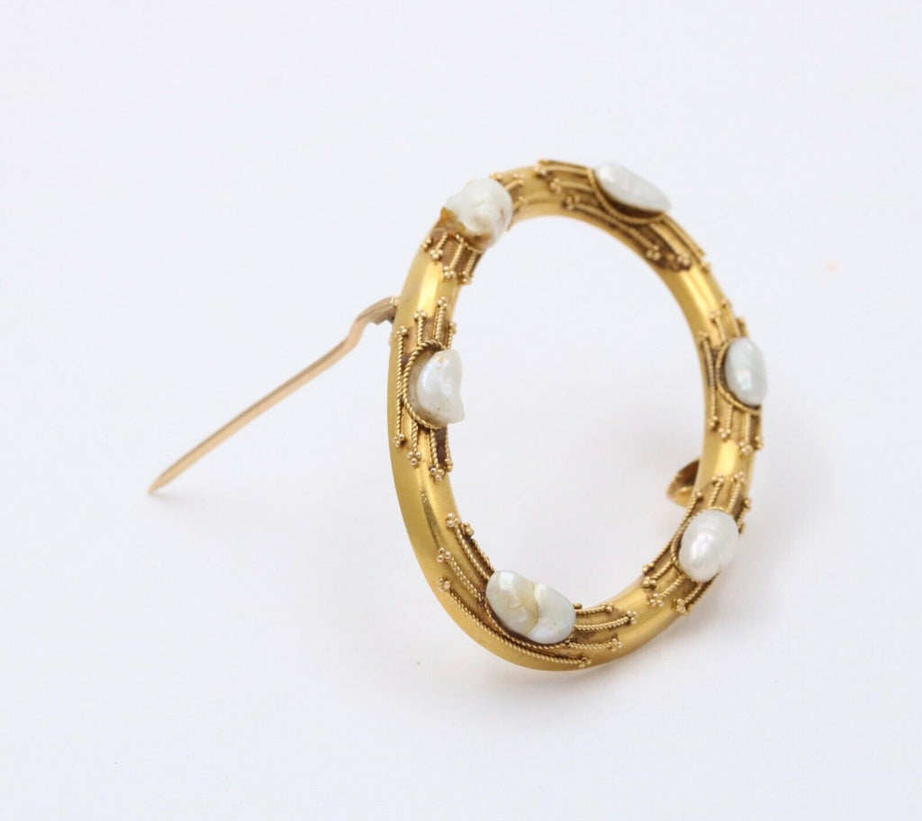 Victorian Etruscan Revival 14K Yellow Gold Baroque Pearl Oval Brooch Pin