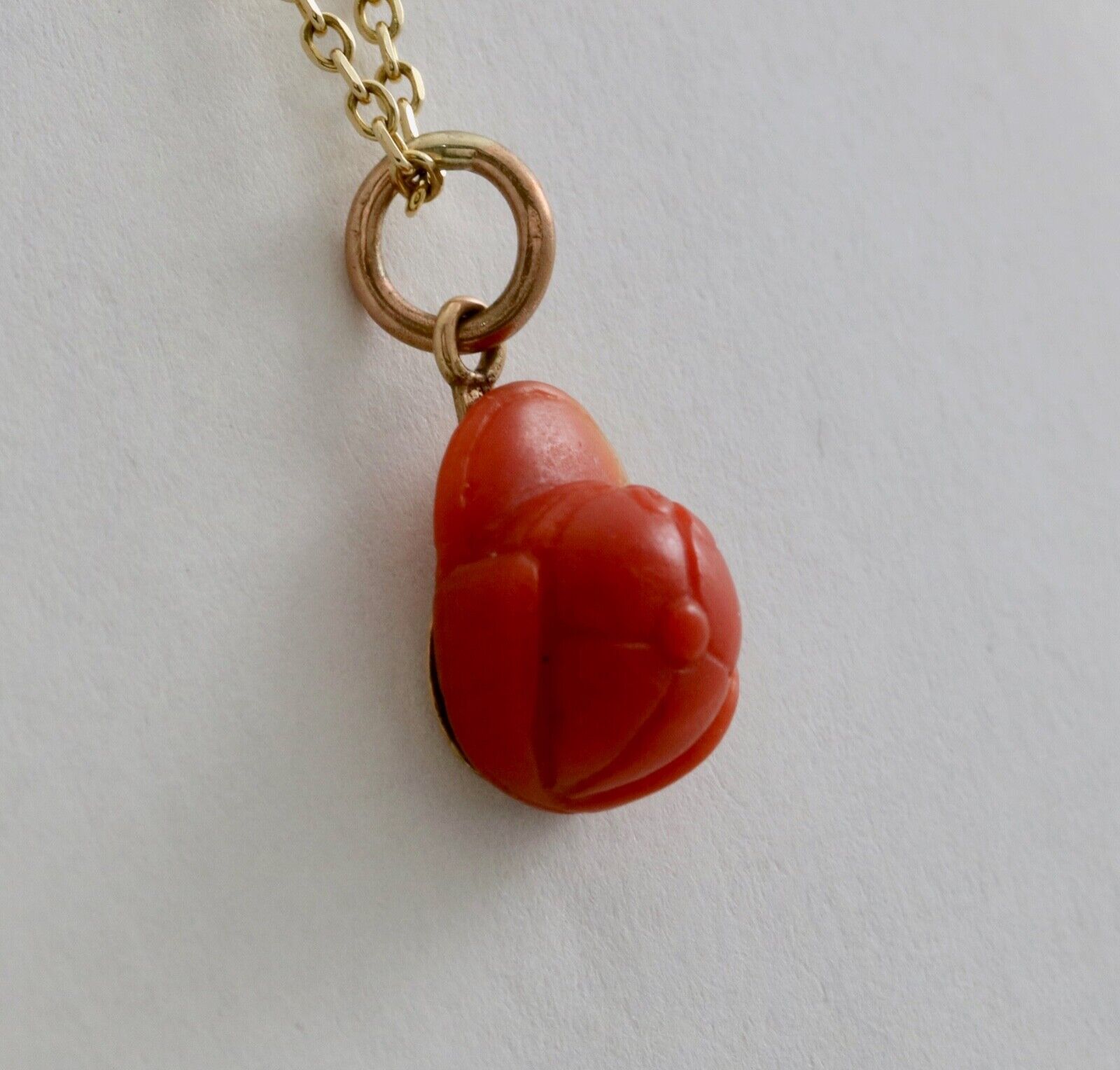 Antique 14K Rose gold Carved Coral Helmet / Cap Charm Pendant