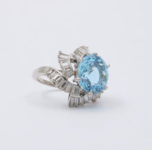 Load image into Gallery viewer, Vintage Platinum Aquamarine and Twirling Diamond Halo Ring, Statement Ring.
