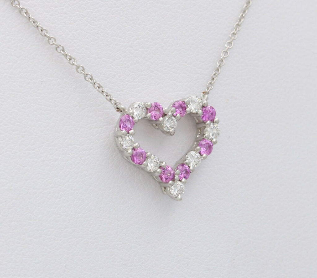 Tiffany and Co. Heart Pendant and Chain Diamonds Pink Sapphires Platinum