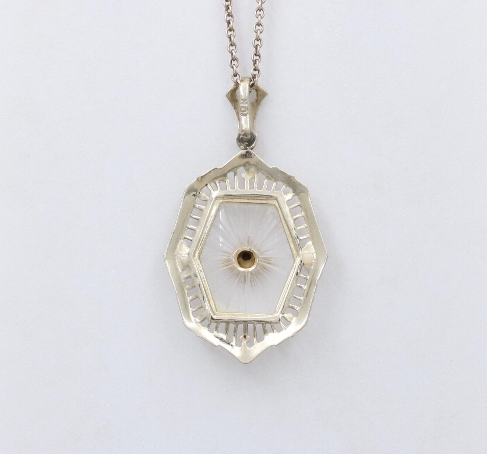 Art Deco 10K Gold Camphor Glass Diamond Pendant.