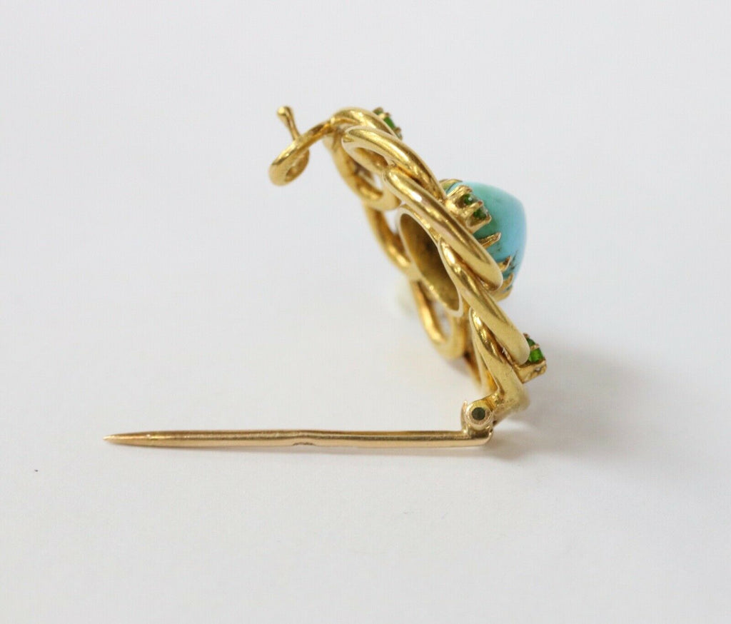 Victorian Russian Turquoise Demantoid Garnet 18K Yellow Gold Brooch Pin