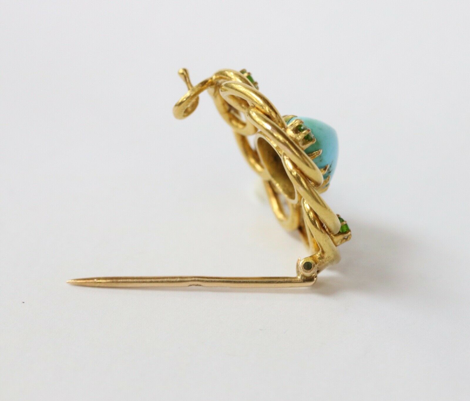 Victorian Russian Turquoise Demantoid Garnet 18K Yellow Gold Brooch Pin