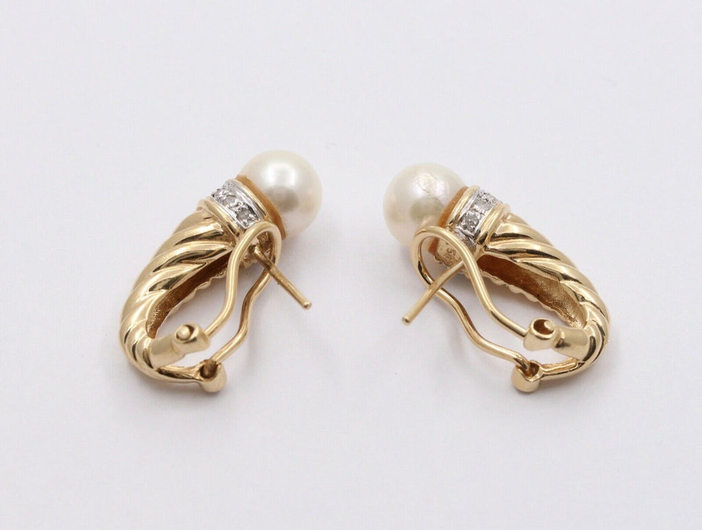 Vintage Shrimp Style Pearl Diamonds 14K Yellow White Gold Earrings