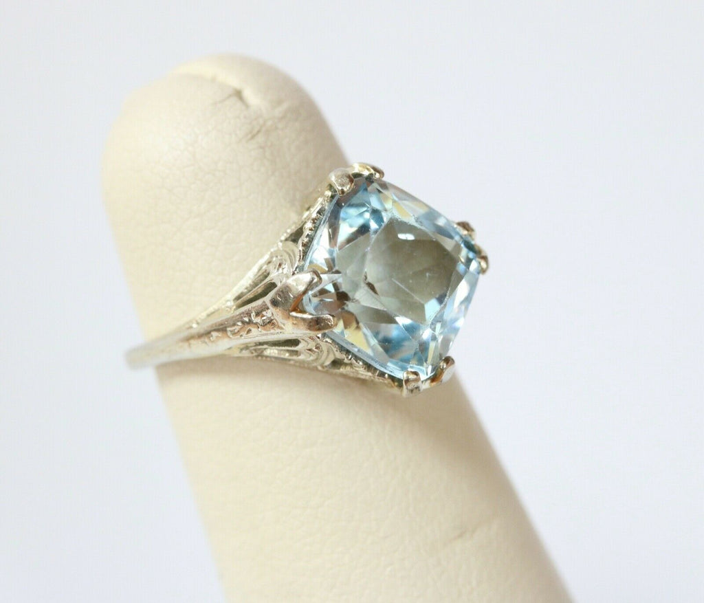 Art Deco 18K White Gold Synthetic Aquamarine Ring