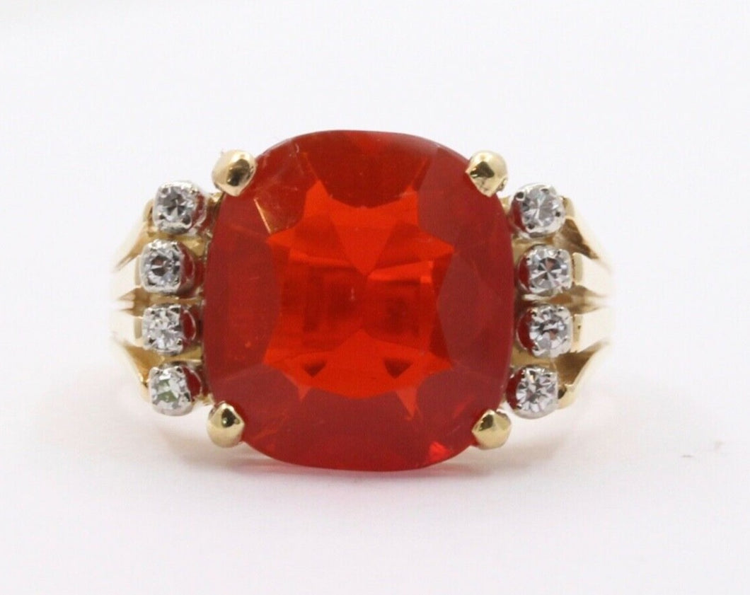 Vintage Fire Opal Diamonds 14K Yellow Gold Ring