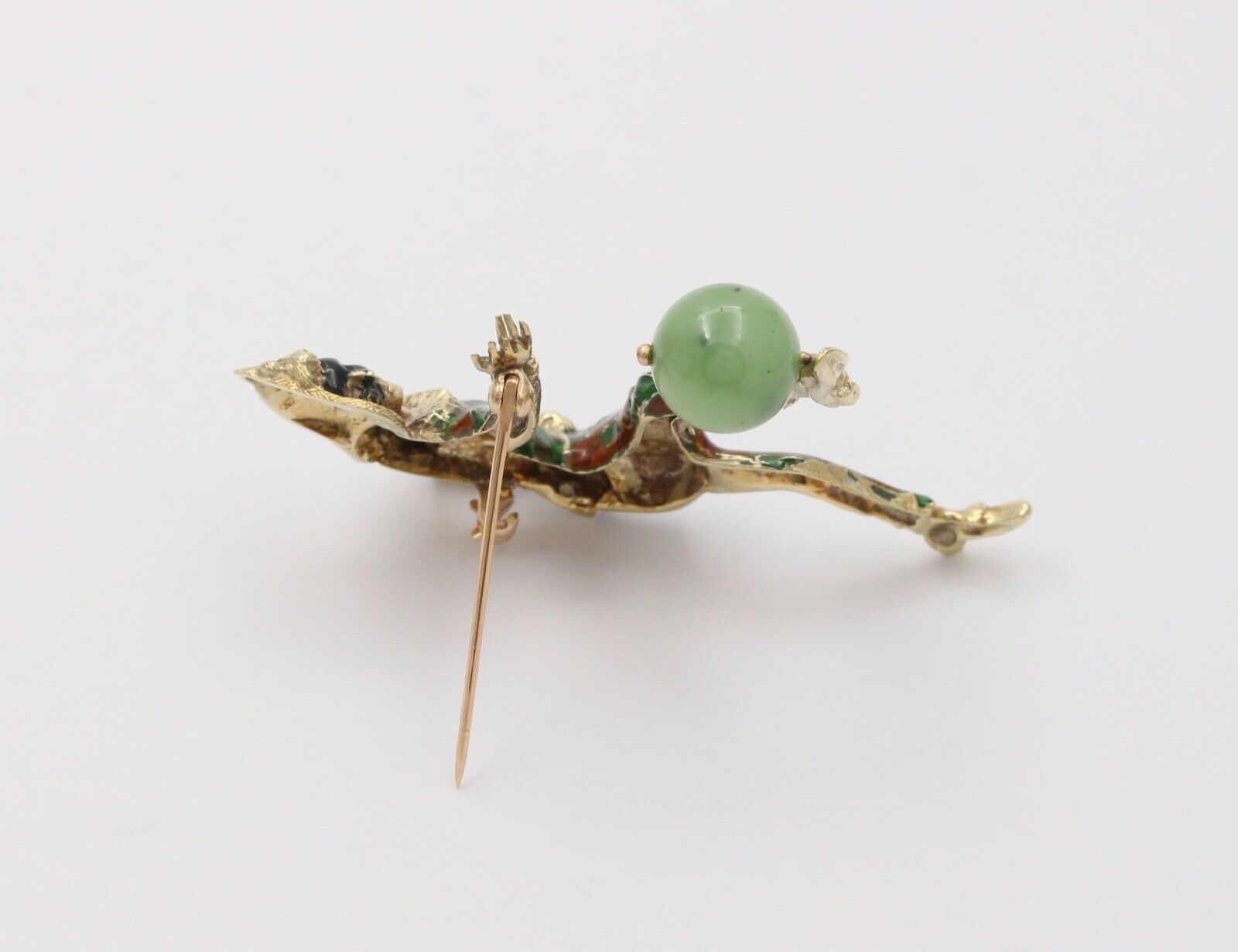 Vintage Unique Enamel Jester With Chrysoprase Ball Brooch, Pin.