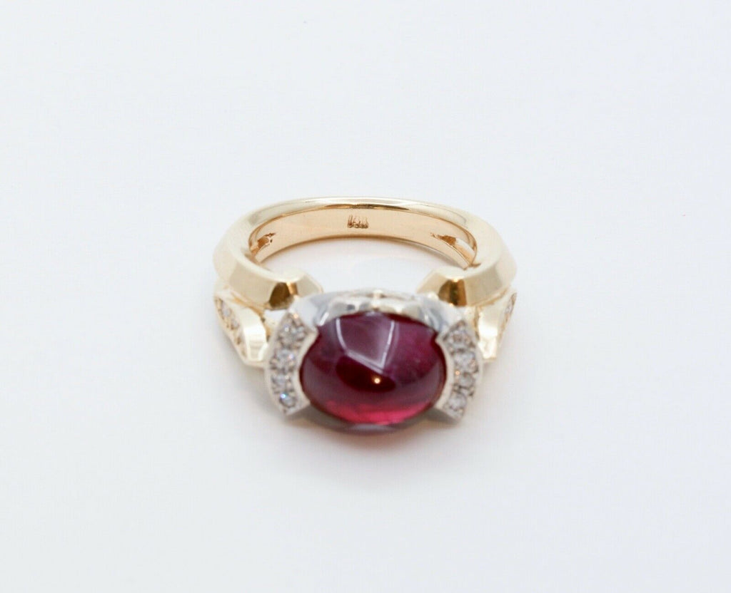 Beautiful Ladies Cabochon Ruby Diamonds Yellow White Gold Ring
