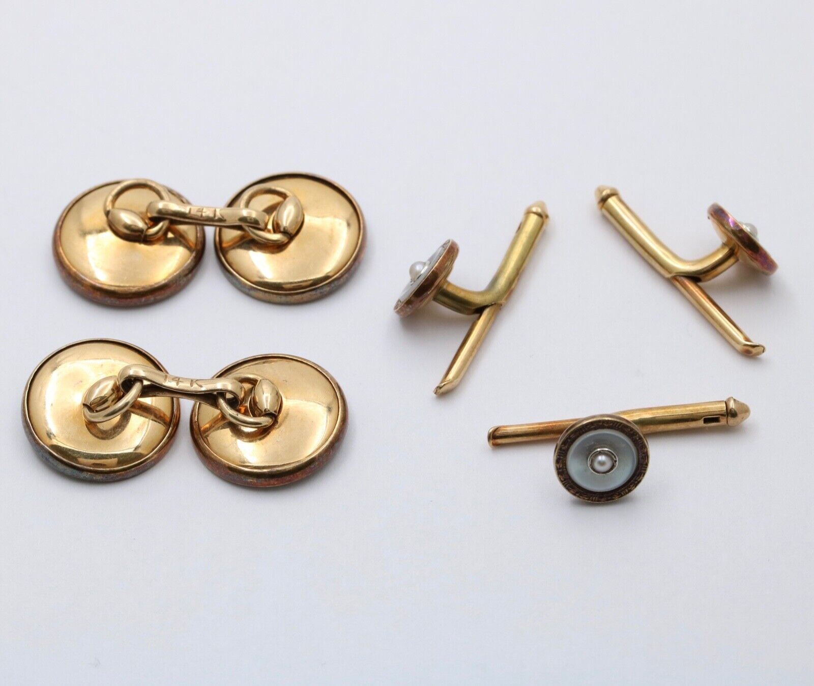 Vintage 14K Gold Mother Of Pearl & Pearl Cufflinks And Dress Studs Set